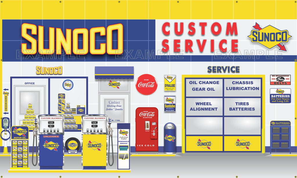 SUNOCO OLD GAS STATION WAYNE GAS PUMPS CUSTOM SCENE WALL MURAL SIGN BANNER GARAGE ART 6' X 10'
