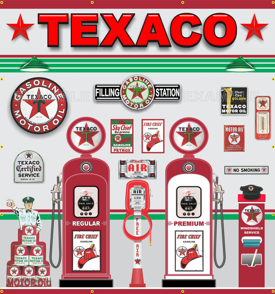 TEXACO OLD GAS PUMP STATION SCENE WALL MURAL SIGN BANNER GARAGE ART 7'-6" X 7'