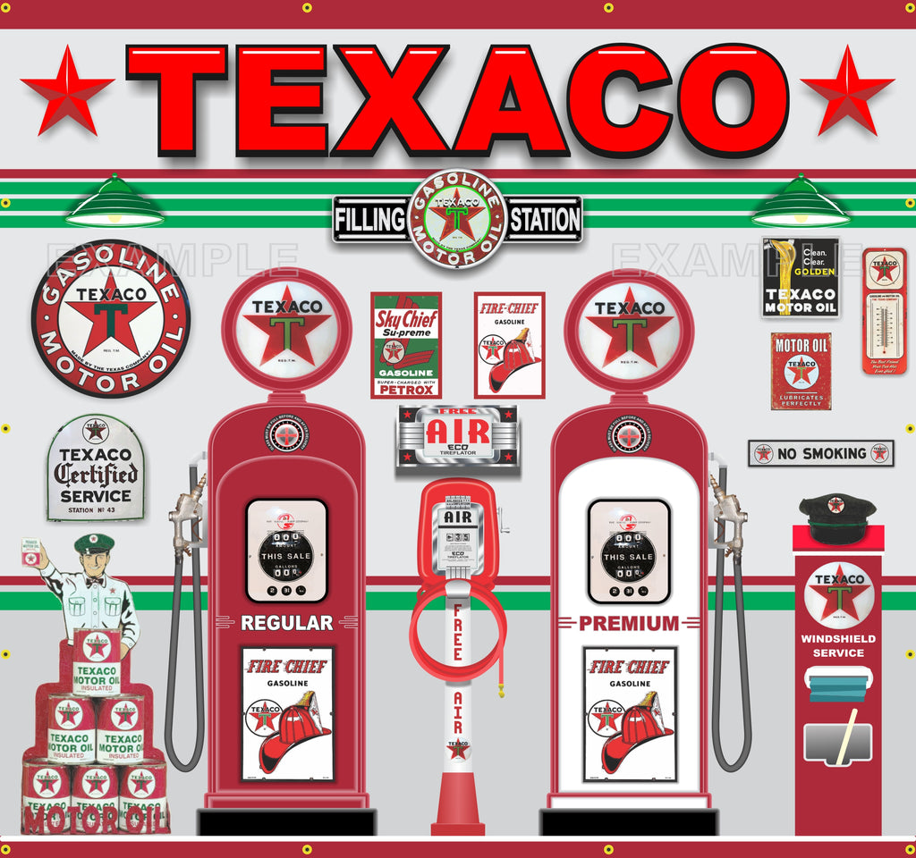 TEXACO OLD GAS PUMP STATION SCENE WALL MURAL SIGN BANNER GARAGE ART 96" W X 90"H