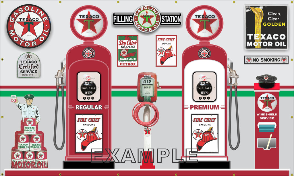 TEXACO INSTANT COLLECTION OLD GAS PUMPS STATION SCENE WALL MURAL SIGN BANNER GARAGE ART 6' X 10'