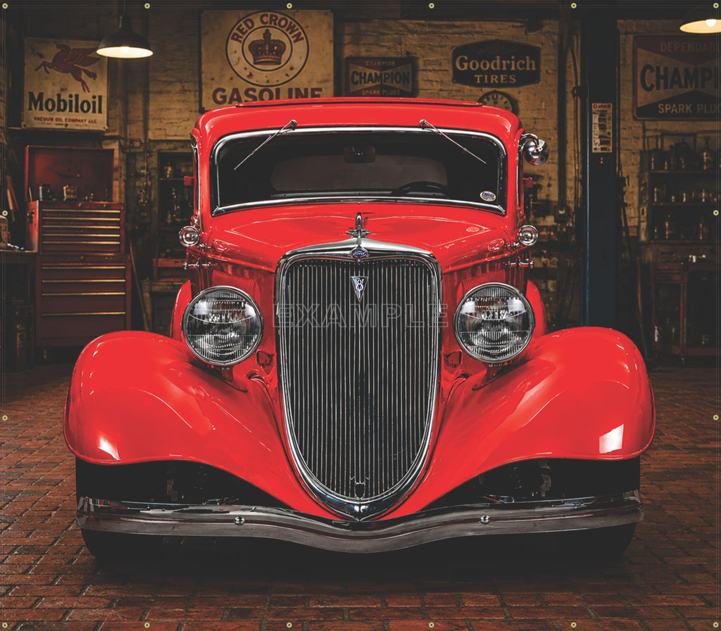 1934 FORD COUPE RED OLD GARAGE SCENE WALL MURAL SIGN BANNER GARAGE ART 96" W X 84"H