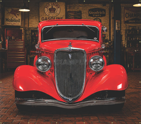 1934 FORD COUPE RED OLD GARAGE SCENE WALL MURAL SIGN BANNER GARAGE ART 96" W X 84"H