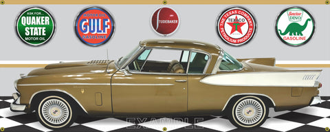 1957 Studebaker GOLDEN HAWK GOLD WHITE CAR GARAGE SCENE SIDE VIEW BANNER SIGN CAR ART MURAL VARIOUS SIZES