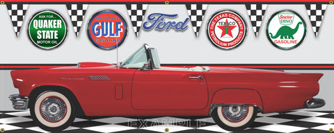 1957 T-BIRD RED CONVERTIBLE WHITE INTERIOR CAR GARAGE SCENE SIDE VIEW BANNER SIGN CAR ART MURAL VARIOUS SIZES 266918280226