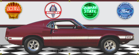 1967 MUSTANG SHELBY COBRA GT350 MAROON W-WHITE INTERIOR AND DECALS CAR GARAGE SCENE SIDE VIEW BANNER SIGN CAR ART MURAL VARIOUS SIZES