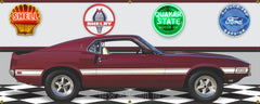 1967 MUSTANG SHELBY COBRA GT350 MAROON W-WHITE INTERIOR AND DECALS CAR GARAGE SCENE SIDE VIEW BANNER SIGN CAR ART MURAL VARIOUS SIZES
