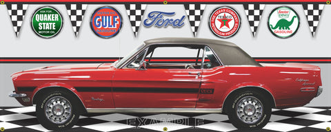 1968 FORD MUSTANG CALIFORNIA SPECIAL RED VINYL TOP BLACK STRIPES CAR GARAGE SCENE SIDE VIEW BANNER SIGN CAR ART MURAL VARIOUS SIZES