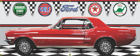 1968 FORD MUSTANG CALIFORNIA SPECIAL RED WHITE STRIPES HARD TOP CAR GARAGE SCENE SIDE VIEW BANNER SIGN CAR ART MURAL VARIOUS SIZES