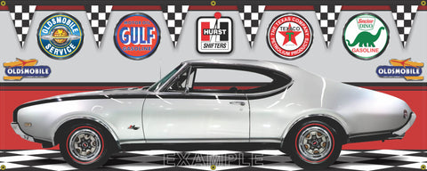 1968 HURST OLDS CUTLASS OLDSMOBILE SILVER CAR GARAGE SCENE SIDE VIEW BANNER SIGN CAR ART MURAL VARIOUS SIZES