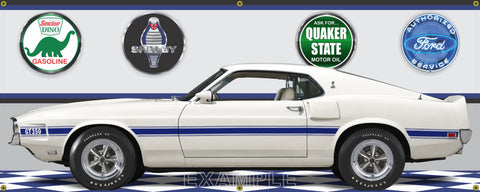 1969 MUSTANG SHELBY GT350 WIMBLEDON WHITE/WHITE INTERIOR CAR GARAGE SCENE SIDE VIEW BANNER SIGN ART MURAL VARIOUS SIZES