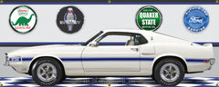 1969 MUSTANG SHELBY GT350 WIMBLEDON WHITE/WHITE INTERIOR CAR GARAGE SCENE SIDE VIEW BANNER SIGN ART MURAL VARIOUS SIZES