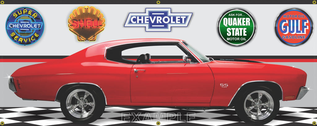 1970 CHEVY CHEVROLET CHEVELLE SS 396 RED BLACK CAR GARAGE SCENE SIDE VIEW BANNER SIGN CAR ART MURAL VARIOUS SIZES