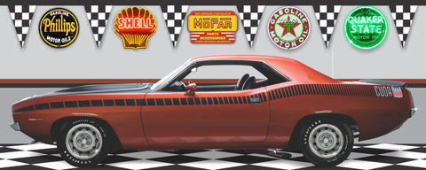 1970 PLYMOUTH AAR CUDA Burnt Orange Metallic CAR GARAGE SCENE SIDE VIEW BANNER SIGN CAR ART MURAL VARIOUS SIZES