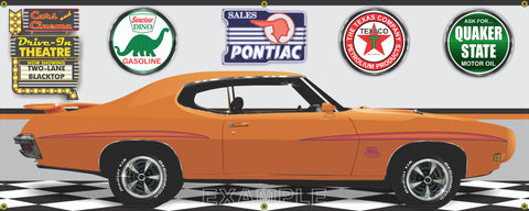 1970 PONTIAC GTO JUDGE ORANGE TWO LANE BLACKTOP CAR GARAGE SCENE SIDE VIEW BANNER SIGN CAR ART MURAL VARIOUS SIZES