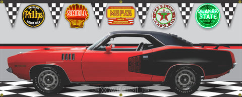 1971 PLYMOUTH CUDA RED 383 BB BLACK VINYL TOP CAR GARAGE SCENE SIDE VIEW BANNER SIGN CAR ART MURAL VARIOUS SIZES