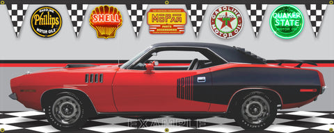 1971 PLYMOUTH HEMI CUDA RED BLACK VINYL TOP CAR GARAGE SCENE SIDE VIEW BANNER SIGN CAR ART MURAL VARIOUS SIZES