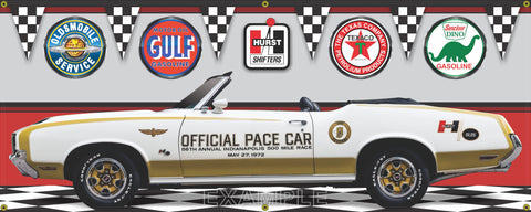 1972 OLDSMOBILE HURST OLDS CUTLASS CONVERTIBLE WHITE INDY PACE CAR GARAGE SCENE SIDE VIEW BANNER SIGN CAR ART MURAL VARIOUS SIZES