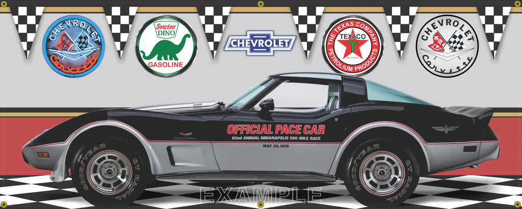 1978 CHEVROLET CORVETTE INDY 500 PACE CAR BLACK SILVER GARAGE SCENE SIDE VIEW BANNER SIGN CAR ART MURAL VARIOUS SIZES