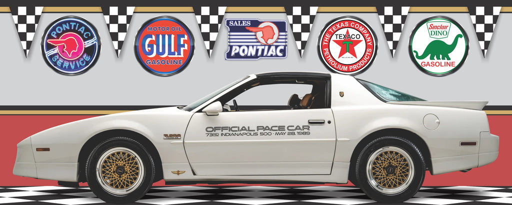 1989 WHITE PONTIAC FIREBIRD TRANS AM TURBO PACE CAR 20TH ANNIVERSARY WITH DECALS GARAGE SCENE SIDE VIEW BANNER SIGN CAR ART MURAL VARIOUS SIZES