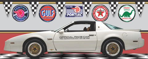 1989 WHITE PONTIAC FIREBIRD TRANS AM TURBO PACE CAR 20TH ANNIVERSARY WITH DECALS GARAGE SCENE SIDE VIEW BANNER SIGN CAR ART MURAL VARIOUS SIZES