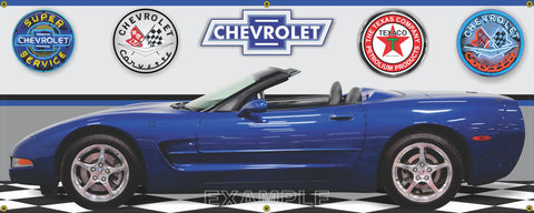 2002 CHEVROLET CORVETTE CONVERTIBLE ELECTRON BLUE GARAGE SCENE SIDE VIEW BANNER SIGN CAR ART MURAL VARIOUS SIZES