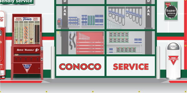 CONOCO OLD GAS PUMP GAS STATION DEALER SERVICE SCENE WALL MURAL SIGN BANNER GARAGE ART VARIOUS SIZES