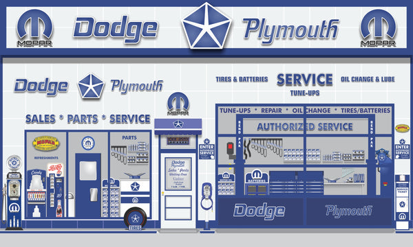 DODGE PLYMOUTH MOPAR SALES PARTS SERVICE DEALERSHIP RETRO SCENE WALL MURAL SIGN BANNER GARAGE ART VARIOUS SIZES