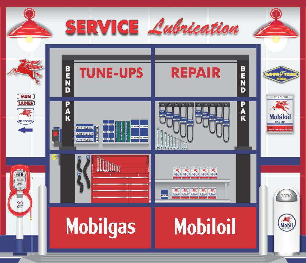 CUSTOM MOBIL BAY DOOR BACKDROP MURAL GAS STATION SCENE 6' H X 7' W