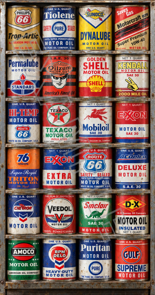 GAS STATION OIL CAN RACK DISPLAY PRINTED BANNER SIGN MURAL ART 19" WIDE x 36" HIGH - WEATHERED VERSION