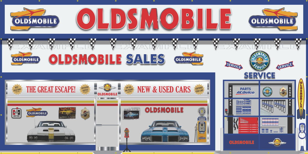 OLDSMOBILE AC DELCO SALES PARTS SERVICE DEALERSHIP RETRO SCENE WALL MURAL SIGN BANNER GARAGE ART VARIOUS SIZES