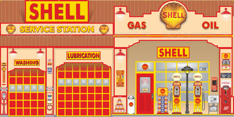 SHELL ART DECO STYLE OLD GAS PUMP GAS STATION DEALER SERVICE SCENE WALL MURAL SIGN BANNER GARAGE ART VARIOUS SIZES