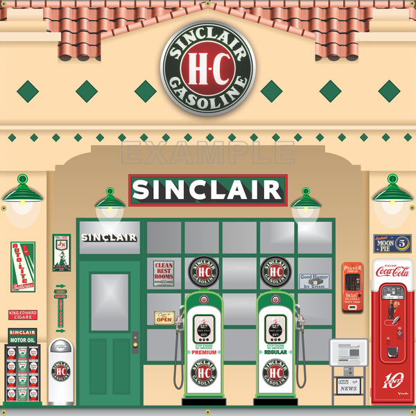SINCLAIR SQUARE SHAPED ART DECO STYLE OLD GAS PUMP GAS STATION DEALER SERVICE SCENE WALL MURAL SIGN BANNER GARAGE ART VARIOUS SIZES