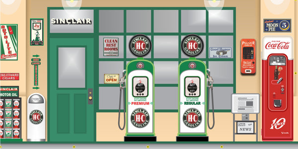 SINCLAIR ART DECO STYLE OLD GAS PUMP GAS STATION DEALER SERVICE SCENE WALL MURAL SIGN BANNER GARAGE ART VARIOUS SIZES