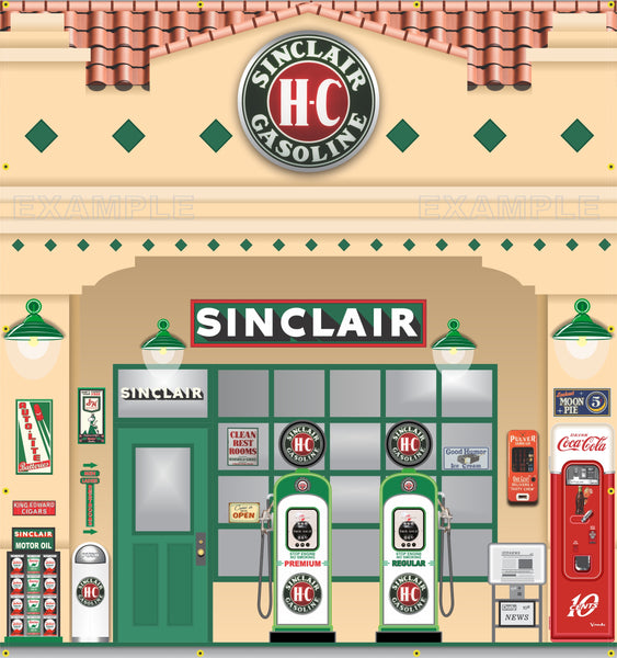 SINCLAIR SQUARE SHAPED ART DECO STYLE OLD GAS PUMP GAS STATION DEALER SERVICE SCENE WALL MURAL SIGN BANNER GARAGE ART VARIOUS SIZES