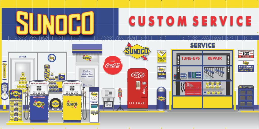 SUNOCO OLD GAS PUMP GAS STATION SCENE WALL MURAL SIGN BANNER GARAGE ART VARIOUS SIZES (WAYNE BLEND-O-MATIC PUMPS)