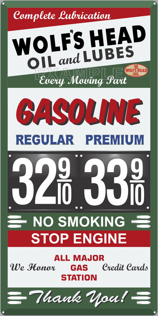 WOLFS HEAD OIL AND LUBES GAS PRICE PER GALLON GAS STATION SERVICE GASOLINE OLD SIGN REMAKE ALUMINUM CLAD SIGN VARIOUS SIZES