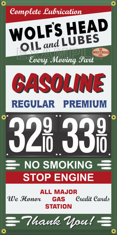 WOLF'S HEAD OIL GAS STATION PRICE PER GALLON VINTAGE OLD SIGN REMAKE BANNER SIGN ART VARIOUS SIZES
