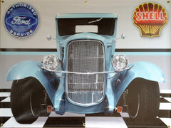 1930 FORD MODEL A PICKUP TEAL GARAGE SCENE ART MURAL Sign Printed Banner 4' x 3'