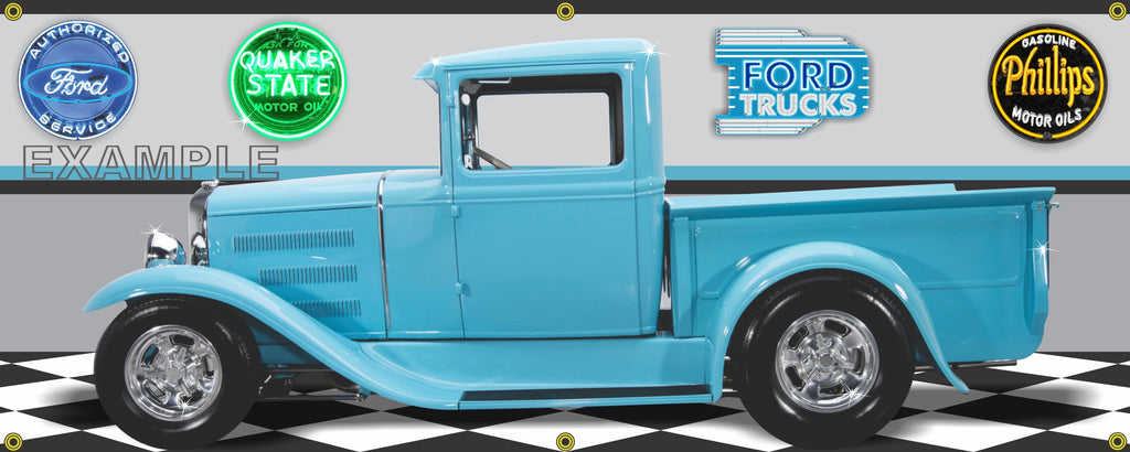 1931 FORD TRUCK PICKUP TURQUOISE BLUE GARAGE SCENE SIDE VIEW BANNER SIGN CAR ART MURAL VARIOUS SIZES