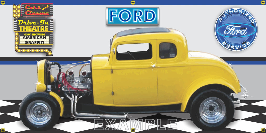 1932 FORD COUPE YELLOW HOT ROD AMERICAN GRAFFITI GARAGE SCENE SIDE VIEW BANNER SIGN ART MURAL VARIOUS SIZES