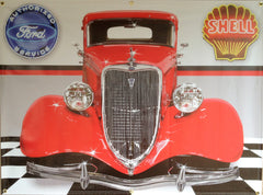 1934 FORD 5 WINDOW COUPE RED GARAGE SCENE ART MURAL SIGN Printed Banner 4' x 3'