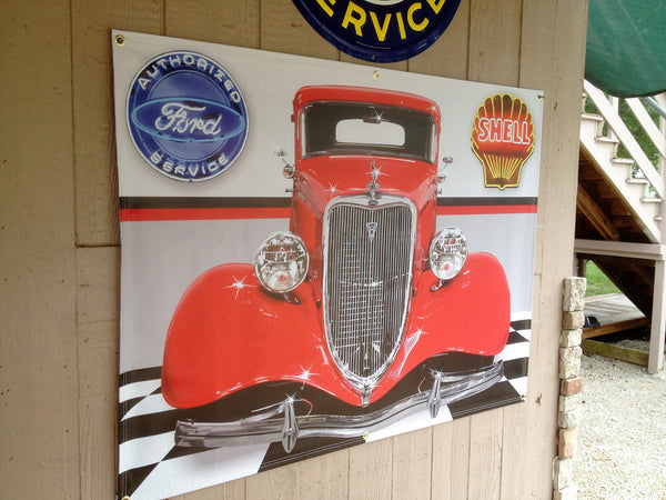 1934 FORD 5 WINDOW COUPE RED GARAGE SCENE ART MURAL SIGN Printed Banner 4' x 3'