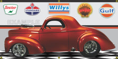 1941 WILLYS COUPE BURNT ORANGE HOT ROD GARAGE SCENE SIDE VIEW BANNER SIGN CAR ART MURAL VARIOUS SIZES
