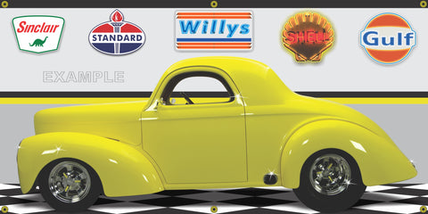 1941 WILLYS COUPE YELLOW HOT ROD GARAGE SCENE SIDE VIEW BANNER SIGN CAR ART MURAL VARIOUS SIZES