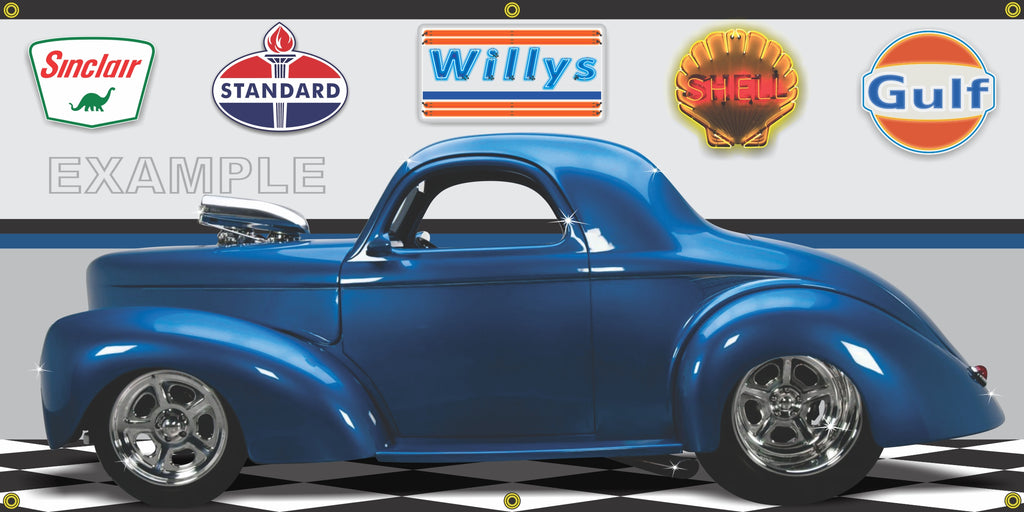 1941 WILLYS COUPE BLUE METALLIC HOT ROD GARAGE SCENE SIDE VIEW BANNER SIGN CAR ART MURAL VARIOUS SIZES