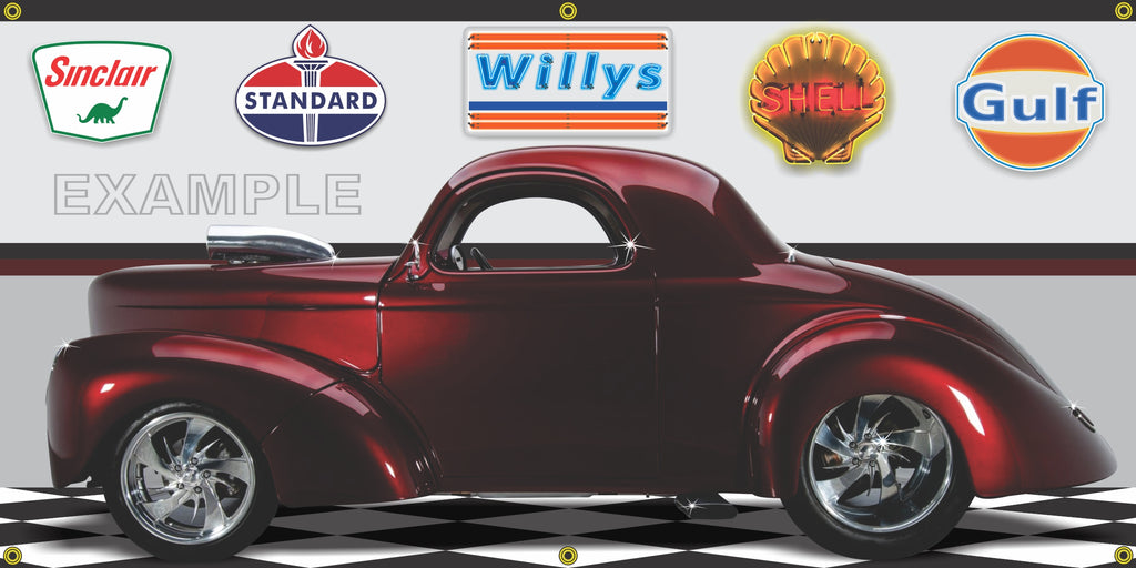 1941 WILLYS COUPE BURGUNDY MAROON HOT ROD GARAGE SCENE SIDE VIEW BANNER SIGN CAR ART MURAL VARIOUS SIZES