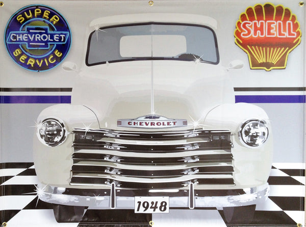 1948 Chevrolet 3100 Pickup Truck PEARL WHITE GARAGE SCENE Neon Effect Sign Printed Banner 4' x 3'