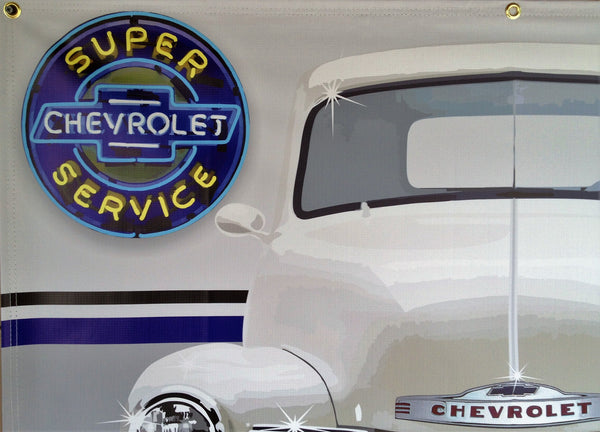 1948 Chevrolet 3100 Pickup Truck PEARL WHITE GARAGE SCENE Neon Effect Sign Printed Banner 4' x 3'