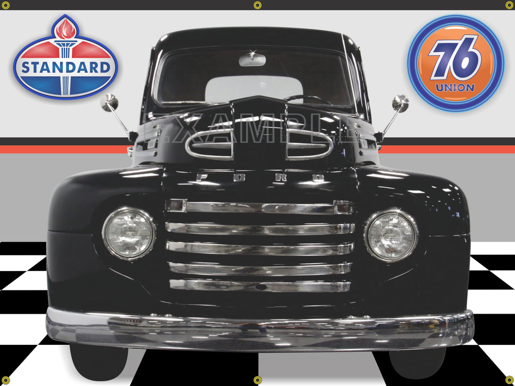 1949 FORD F1 CLASSIC TRUCK BLACK CAR GARAGE SCENE FRONT VIEW 3' X 4' BANNER SIGN CAR ART MURAL