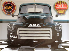 1952 GMC 100 Pickup Truck DARK GREEN GARAGE SCENE Neon Effect Sign Printed Banner 4' x 3'